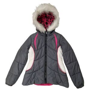 London Fog Hooded Puffer Jacket Girls L 14/16 Gray Full Zip Faux Fur Winter Warm